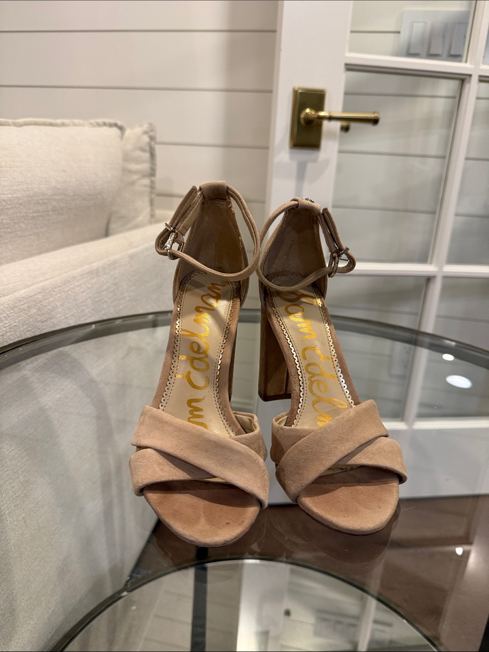Sam Edelman Taupe Suede Block Heel Sandals with Ankle Strap